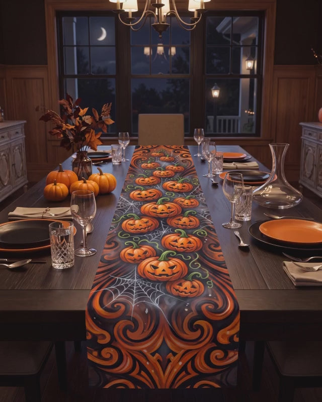 Halloween Pumpkin Table Runner – Orange & Black Jack-O’-Lantern Decor