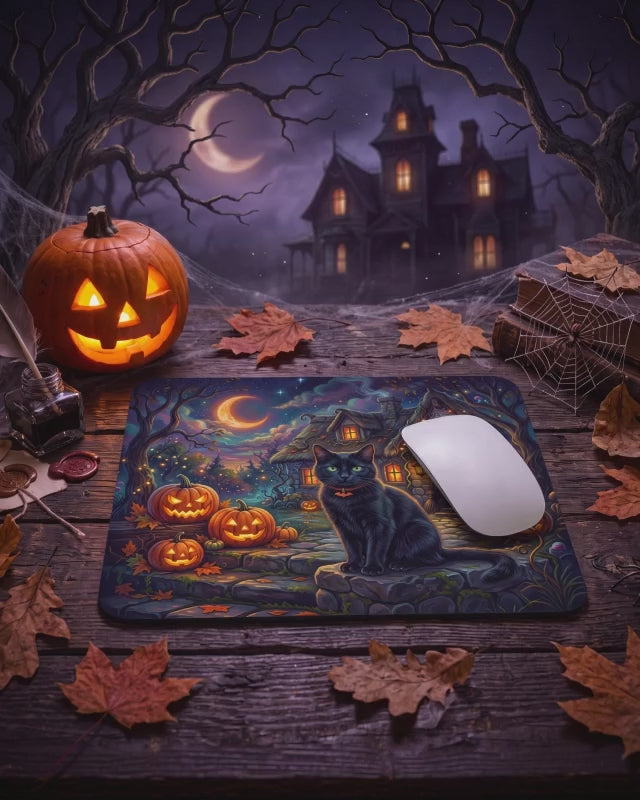 Halloween Black Cat Mouse Pad – Spooky Pumpkin Cottage Desk Decor