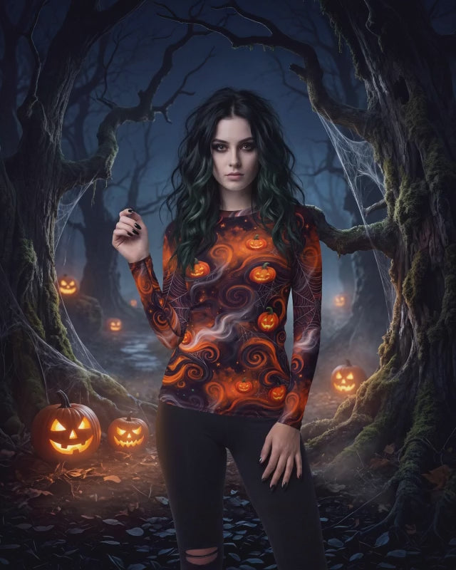 Halloween Pumpkin & Spiderweb Rash Guard – Orange & Black Long Sleeve Swim Shirt