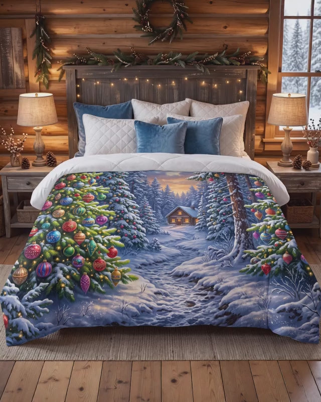 Snowy Christmas Forest Comforter | Colorful Ornament & Cabin Bedding