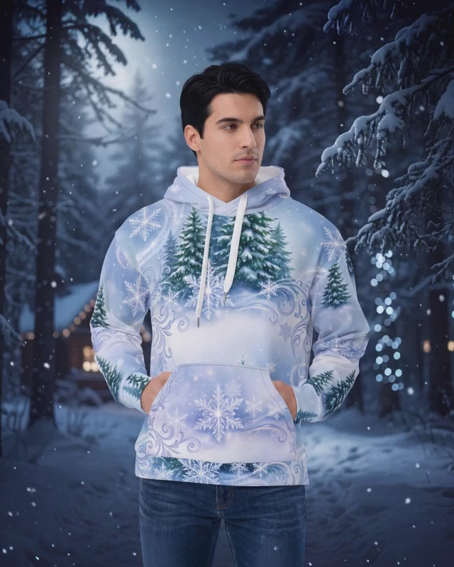 Winter Forest Snowflake Hoodie | Light Blue Snowy Pine All-Over Print Pullover