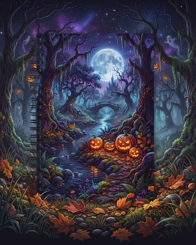 Halloween Forest Spiral Notebook – Jack-O’-Lantern Moonlit Dot Grid Journal