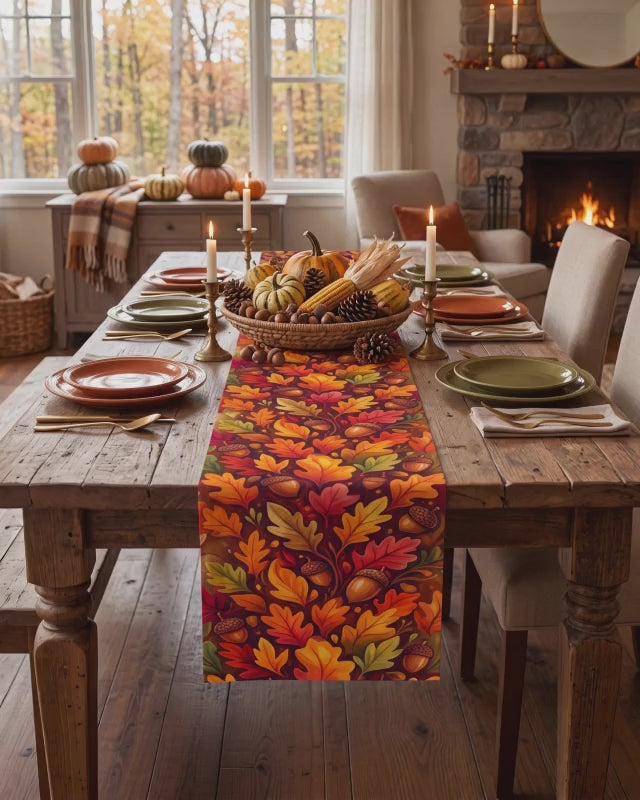Fall Table Runner – Autumn Leaves & Acorns Table Decor