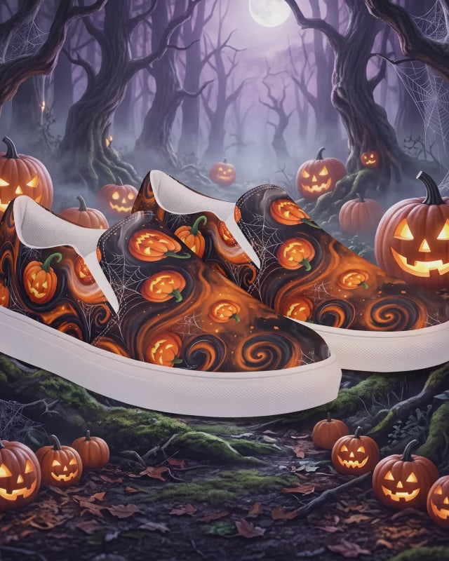 Women's Halloween Pumpkin Slip-On Shoes | Black and Orange Jack-O’-Lantern Canvas Sneakers