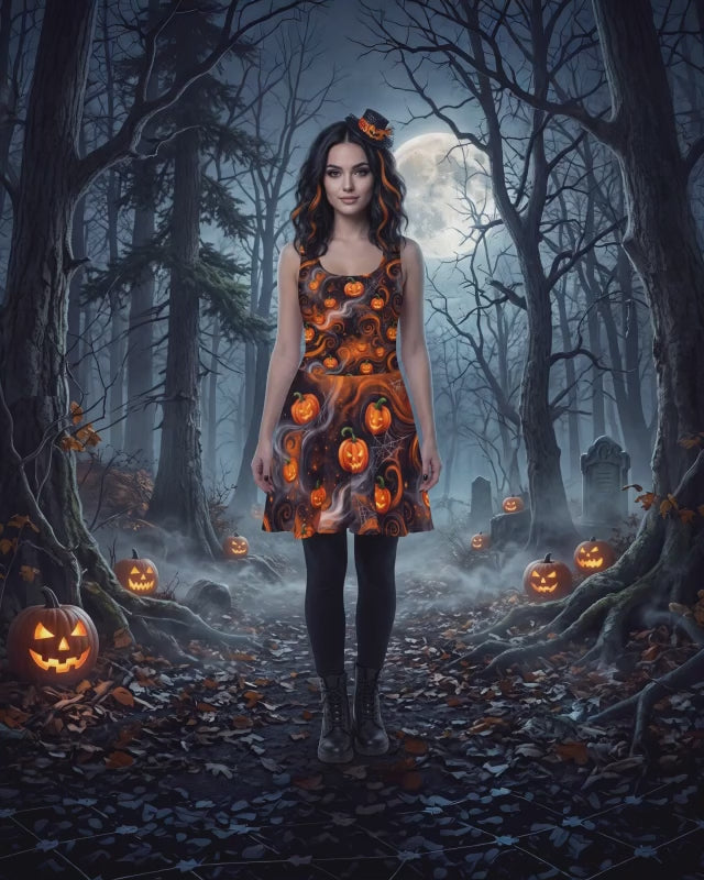 Halloween Pumpkin Skater Dress – Orange & Black Jack-O’-Lantern Print
