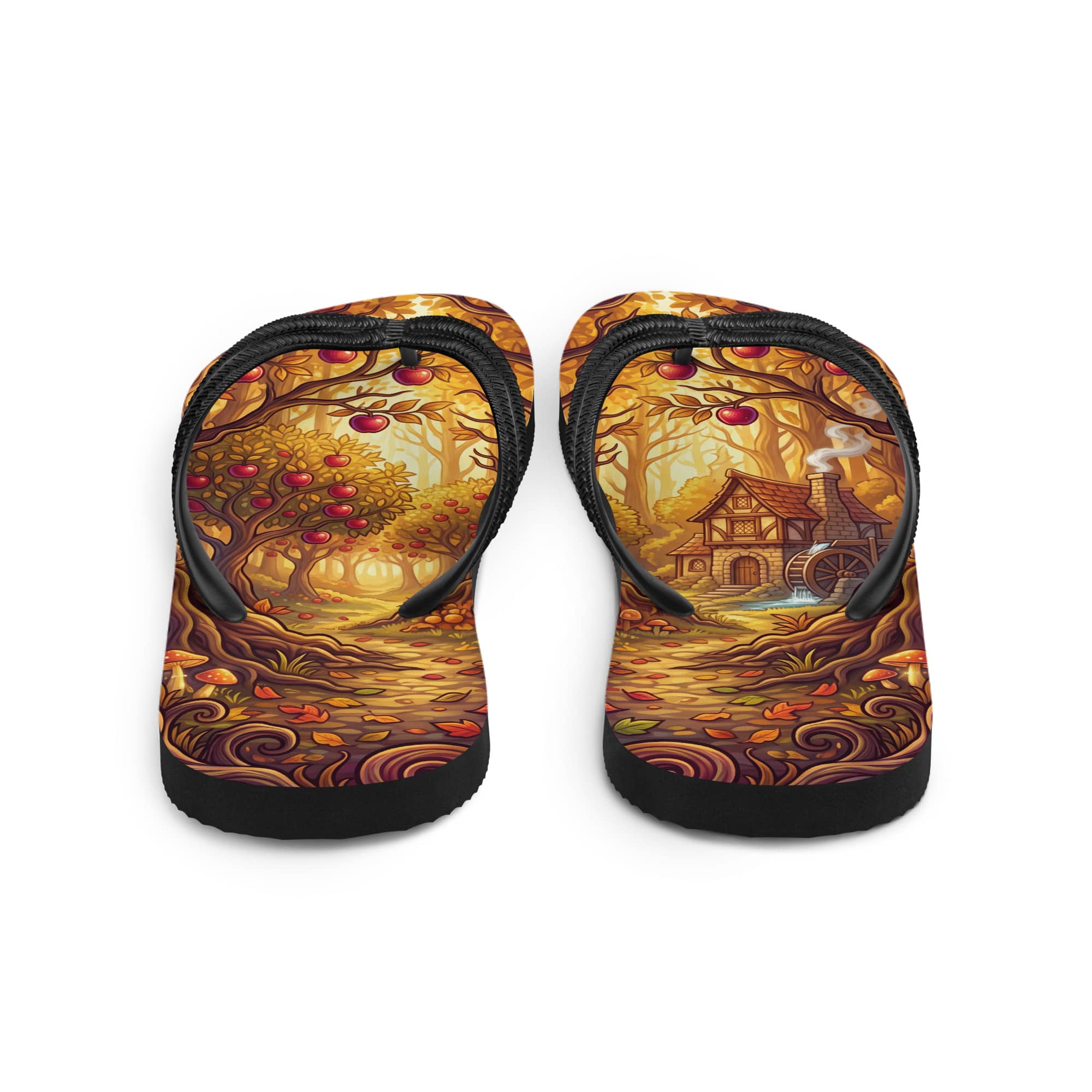 SUBLIMATION Fall Apple Orchard Flip Flops | Cozy Autumn Cider Mill Cottagecore Sandals