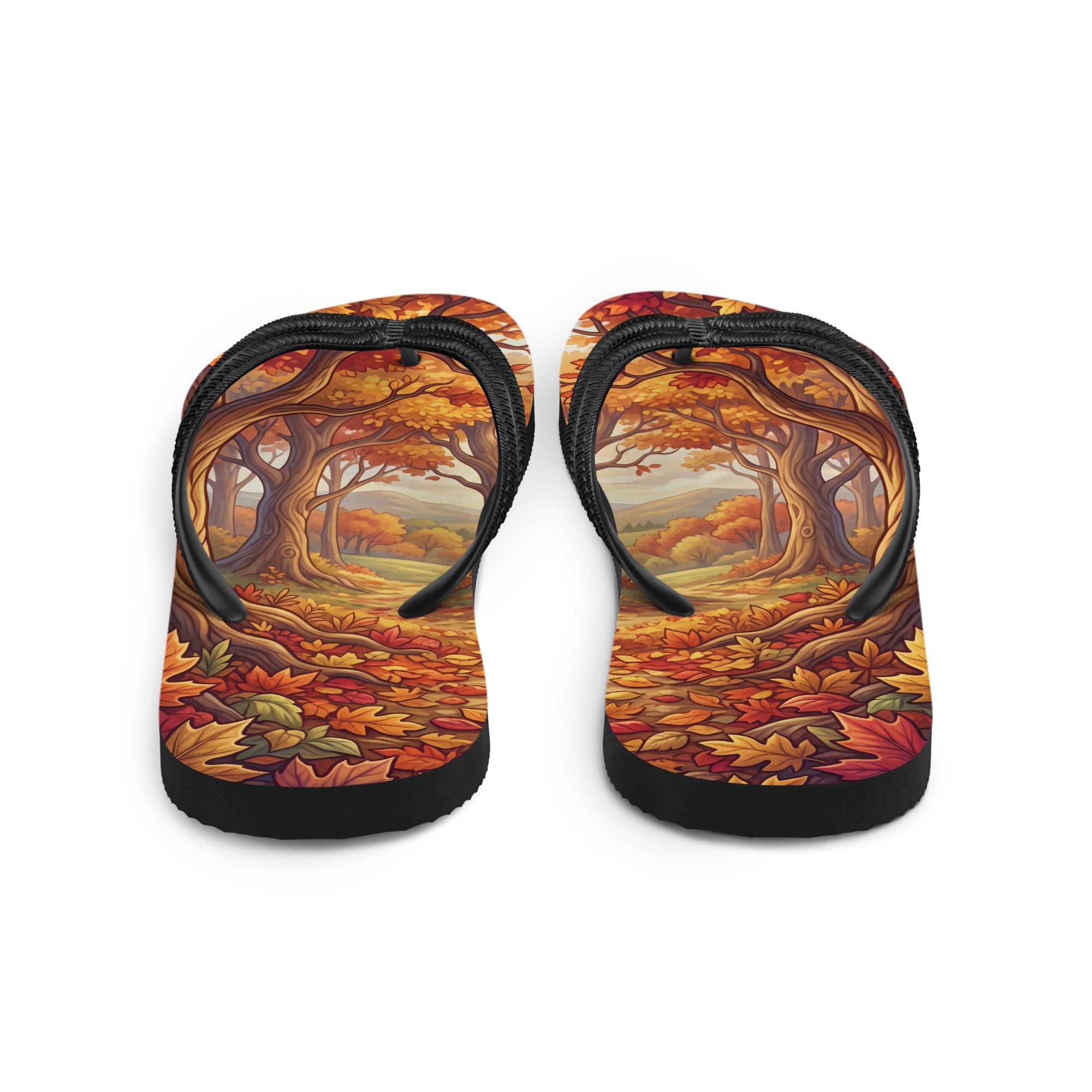 SUBLIMATION Autumn Forest Flip Flops, Fall Foliage Woodland Sandals