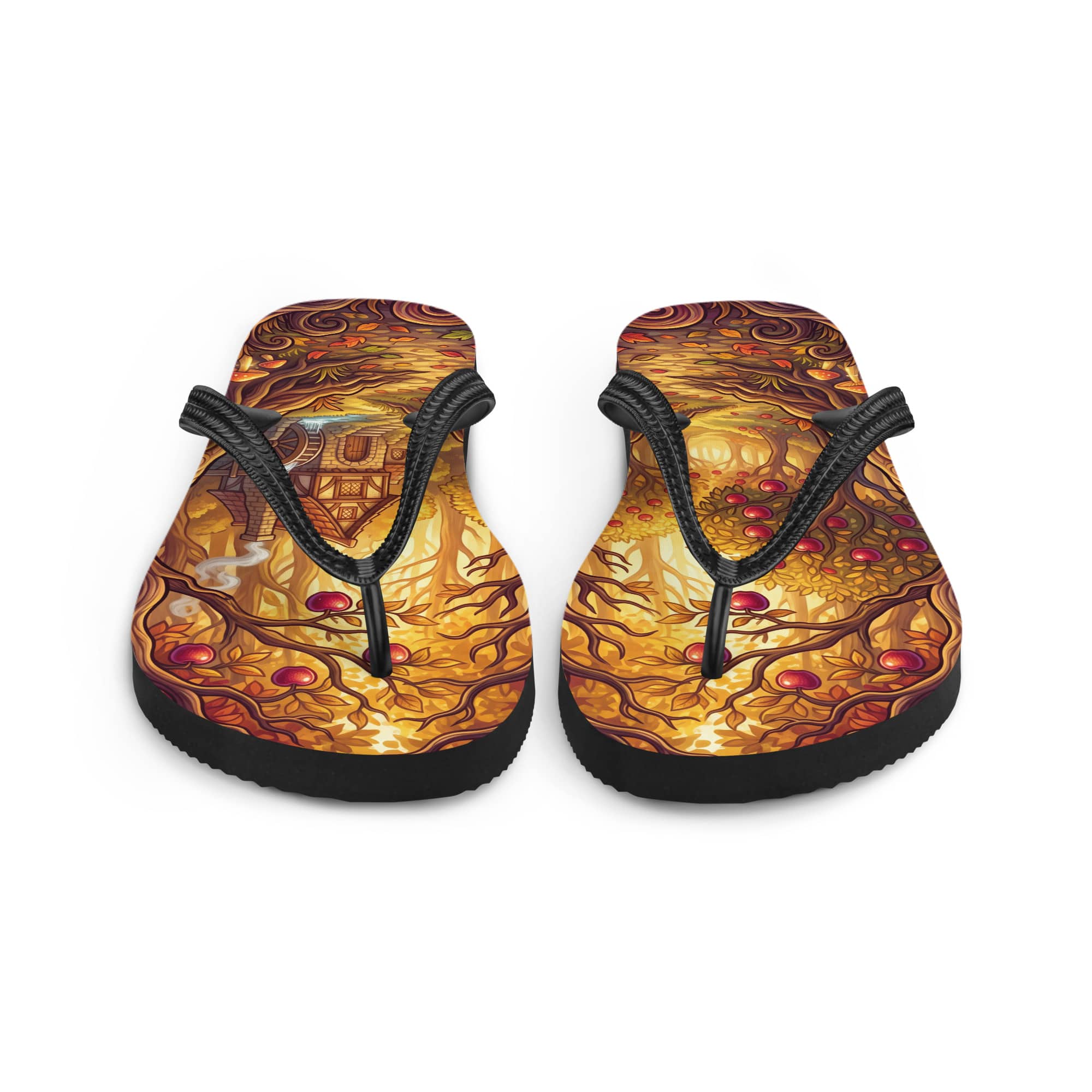 SUBLIMATION Fall Apple Orchard Flip Flops | Cozy Autumn Cider Mill Cottagecore Sandals