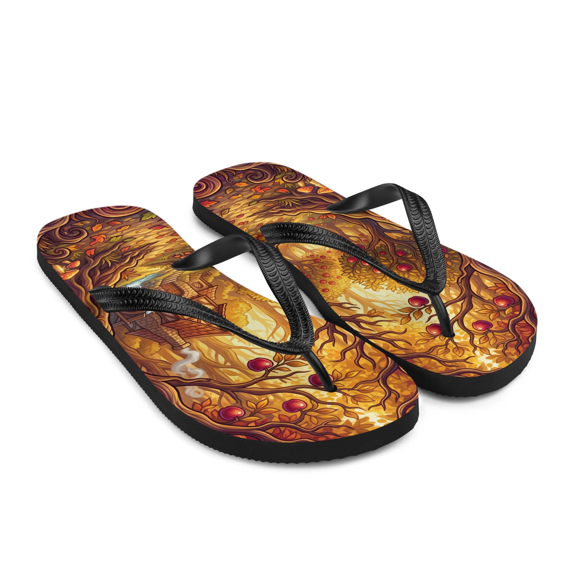 SUBLIMATION Fall Apple Orchard Flip Flops | Cozy Autumn Cider Mill Cottagecore Sandals