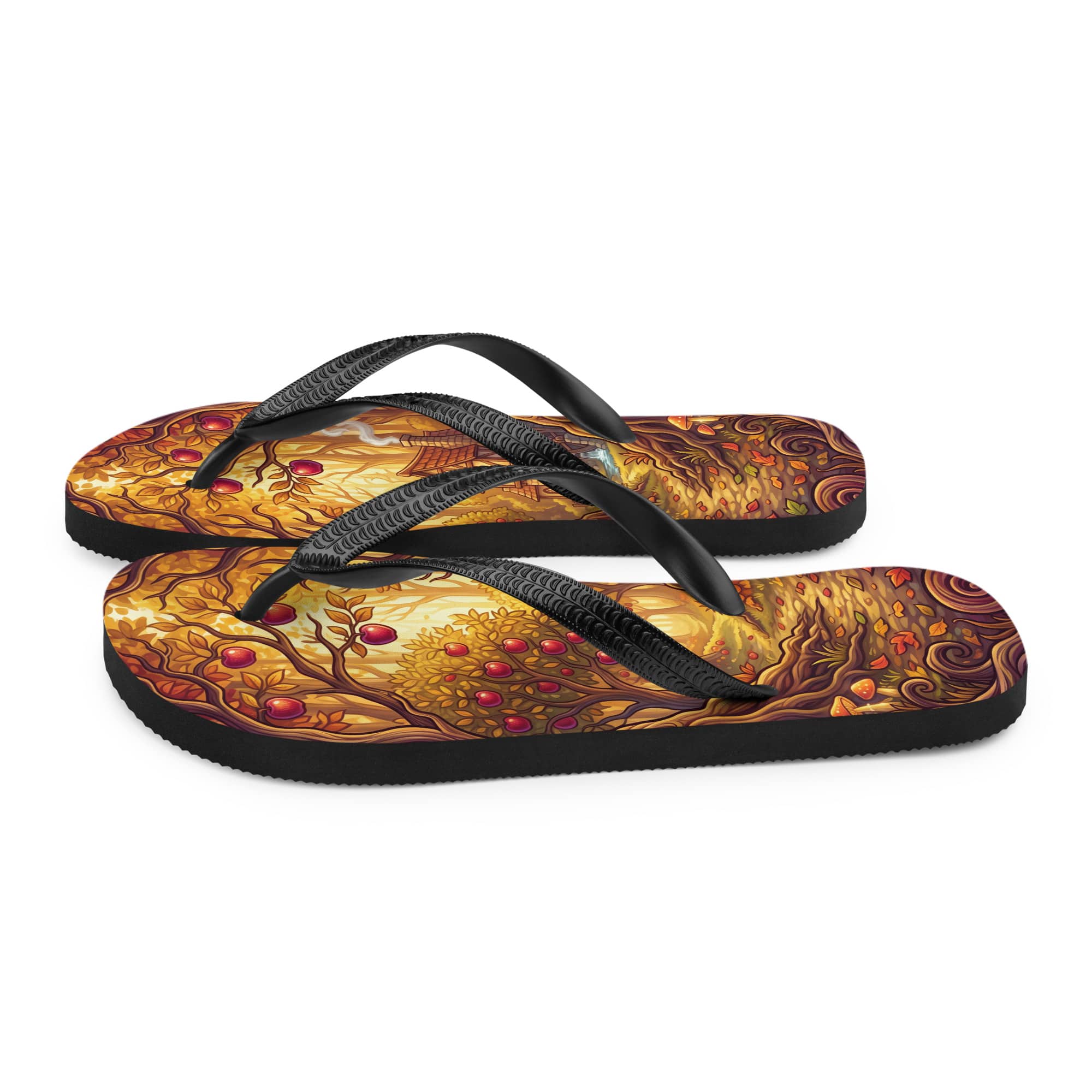 SUBLIMATION Fall Apple Orchard Flip Flops | Cozy Autumn Cider Mill Cottagecore Sandals
