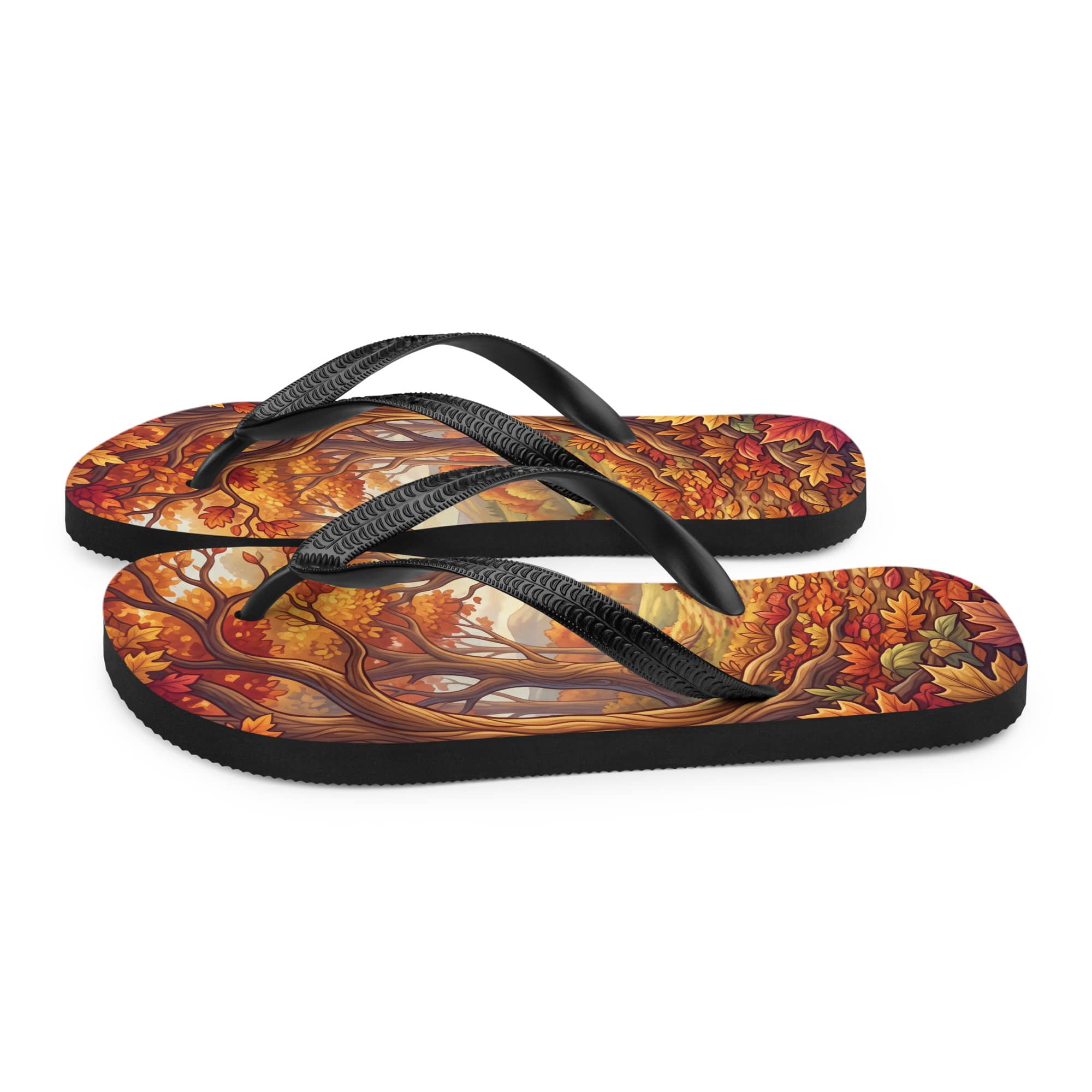 SUBLIMATION Autumn Forest Flip Flops, Fall Foliage Woodland Sandals