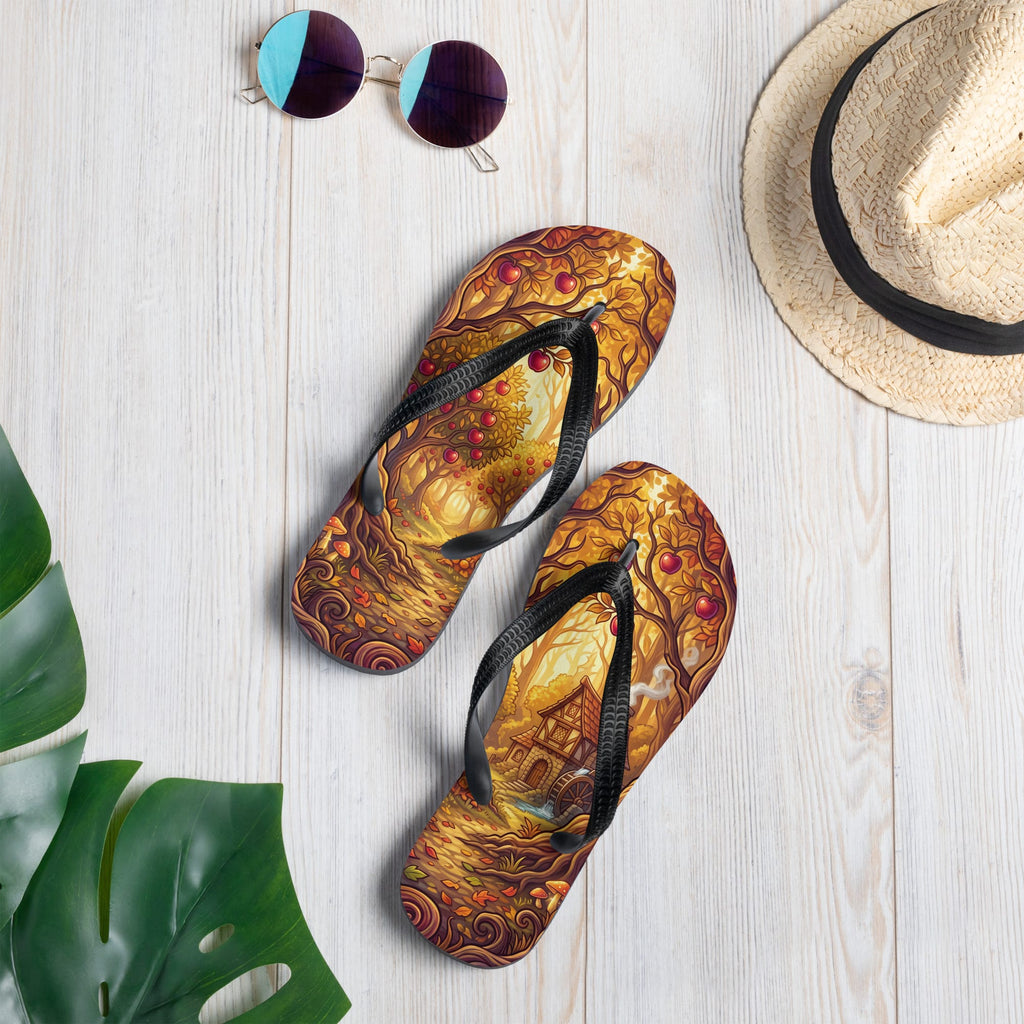 SUBLIMATION Fall Apple Orchard Flip Flops | Cozy Autumn Cider Mill Cottagecore Sandals