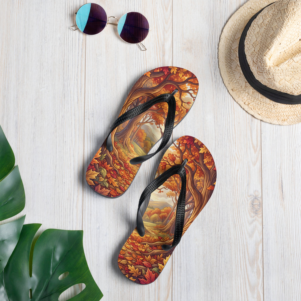 SUBLIMATION Autumn Forest Flip Flops, Fall Foliage Woodland Sandals