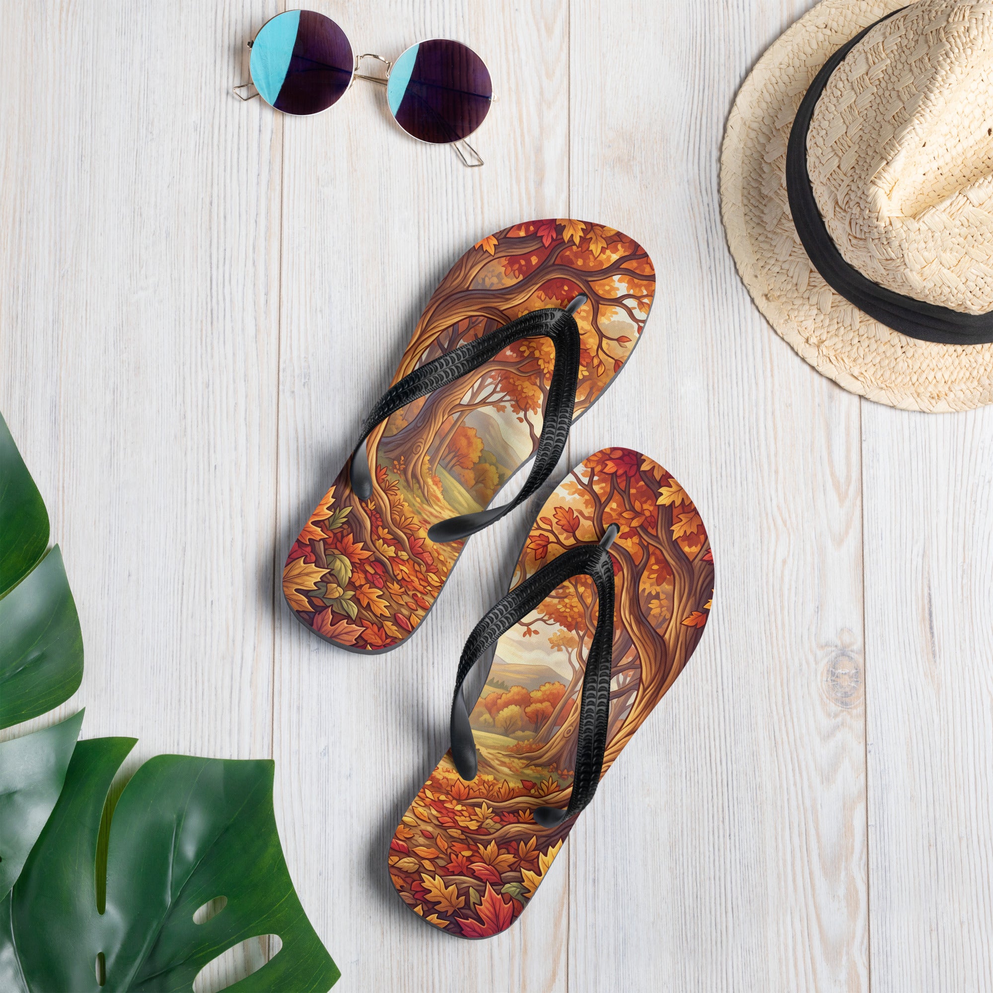 SUBLIMATION Autumn Forest Flip Flops, Fall Foliage Woodland Sandals