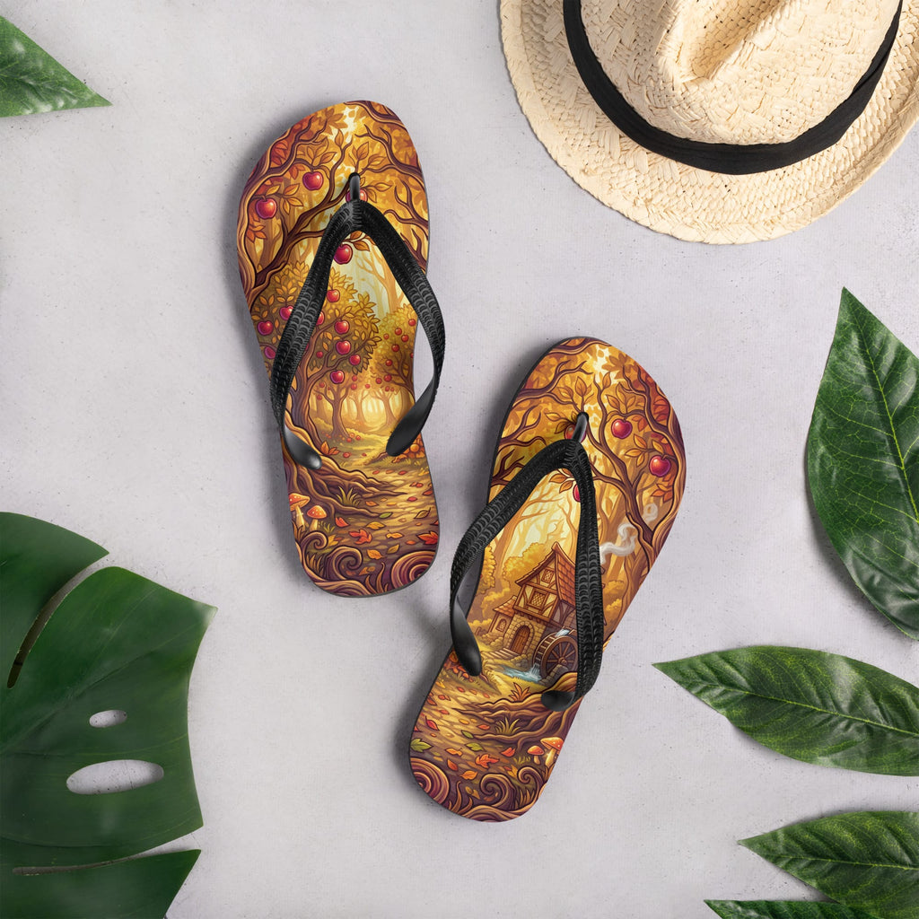 SUBLIMATION Fall Apple Orchard Flip Flops | Cozy Autumn Cider Mill Cottagecore Sandals
