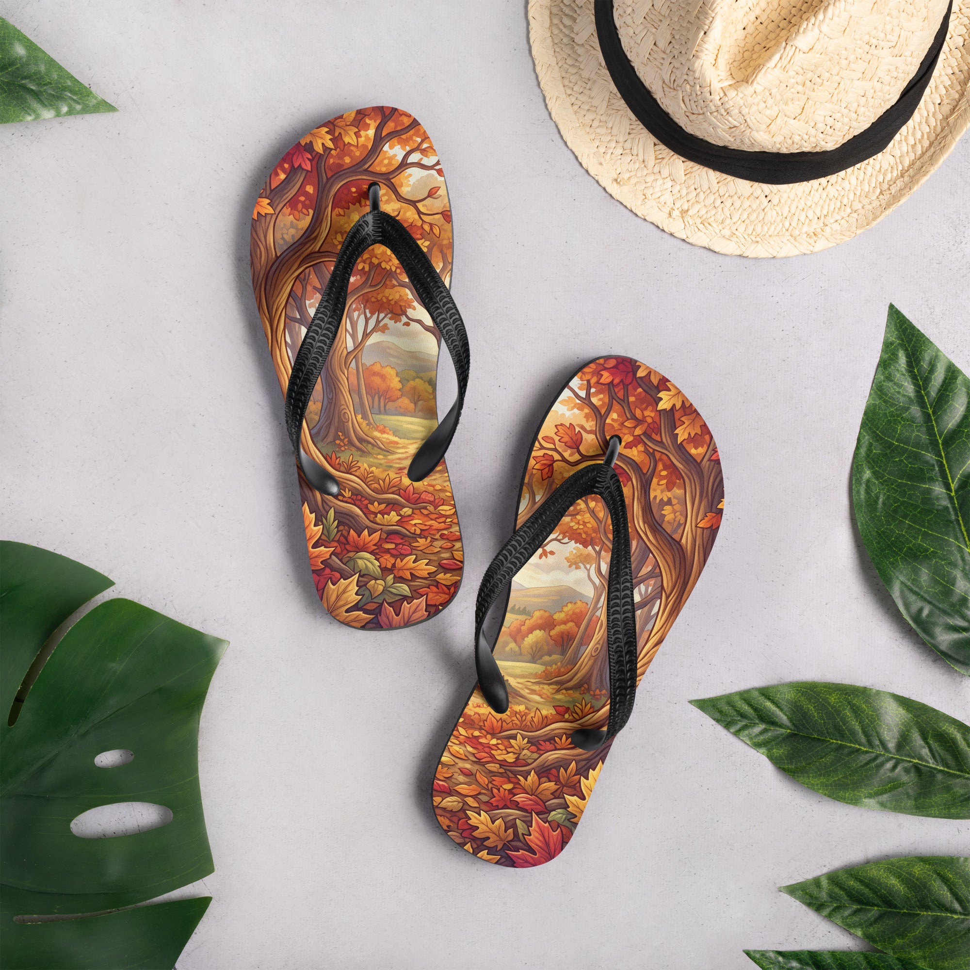 SUBLIMATION Autumn Forest Flip Flops, Fall Foliage Woodland Sandals